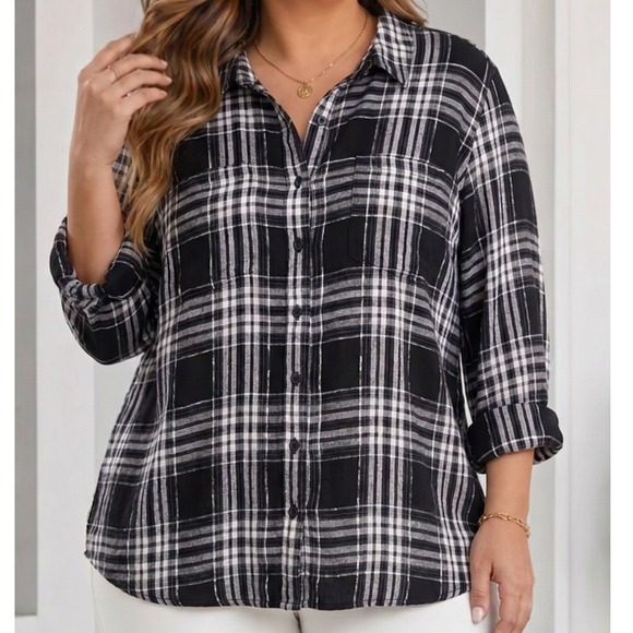 Lane Bryant Tops - Lane Bryant Womens Black White Plaid Flannel Button Down Shirt Plus 22/24